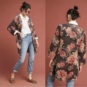 ANTHROPOLOGIE SOLITAIRE faux suede long open front jacket brown gray Coral M EUC
